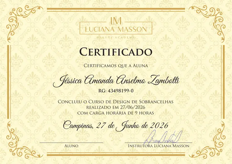 Certificado oficial de Design de Sobrancelhas de Jess Zambotti